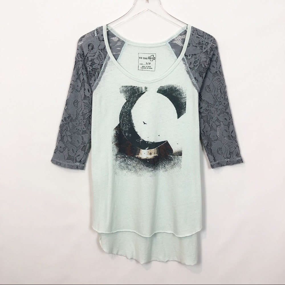 Free People Thunder Moon Lace Sleeve Tee Small